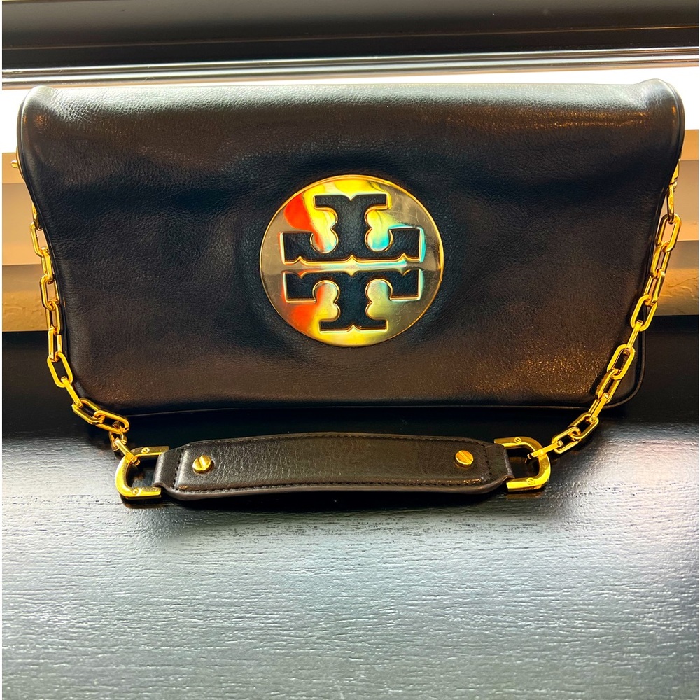 TORY BURCH Leather Foldover Clutch with Chain Strap. Great Condition!